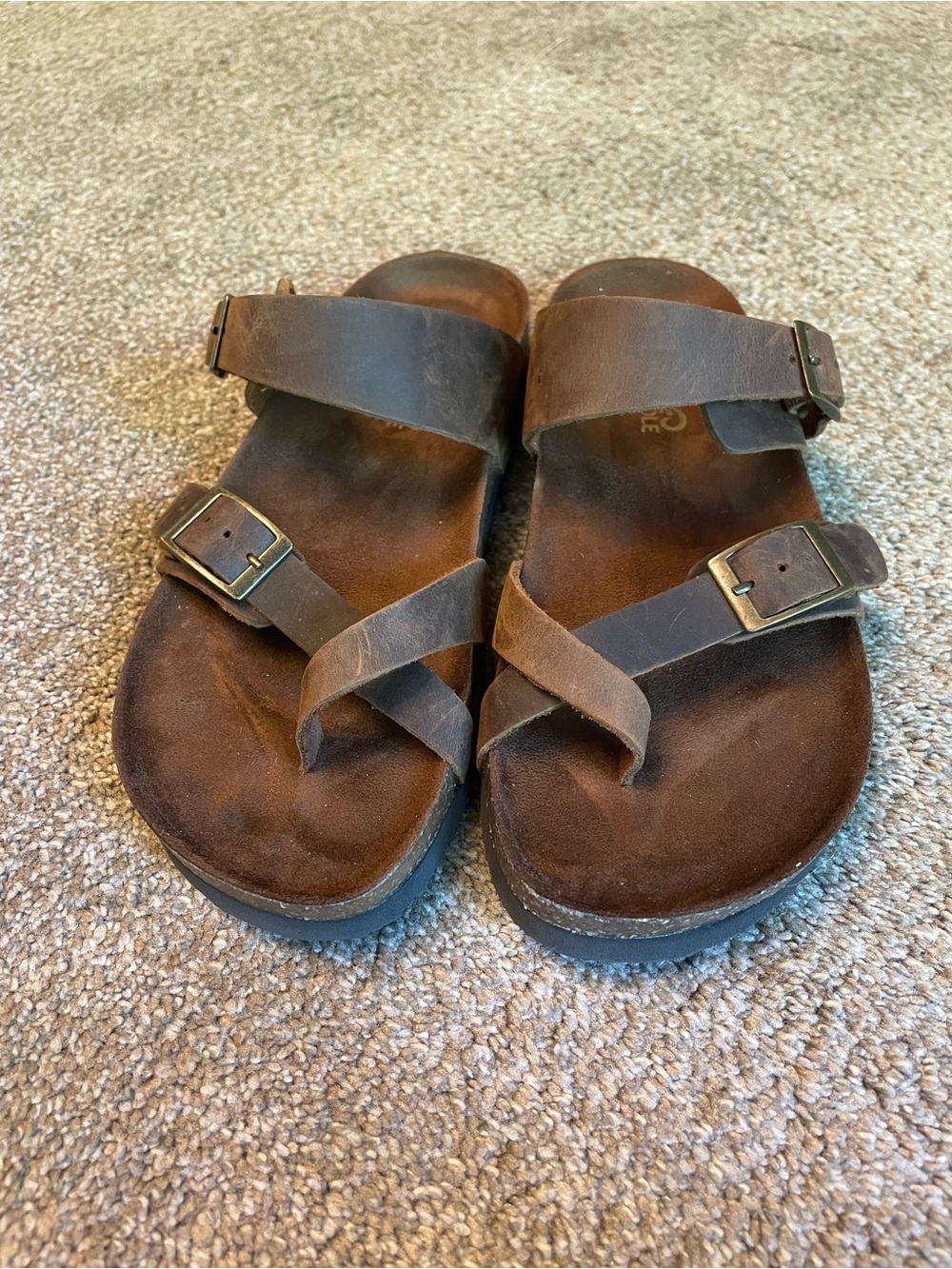 Mountain Sole Brown Leather Buckle Strap Sandals Slip On Flat Size 7 Birk Style - Picture 1 of 9
